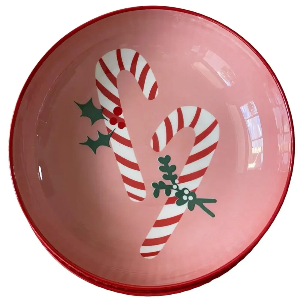 Christmas Candy Cane Dinner Bowl Set of 4 Ceramic Pink Red PrimaDesign Holiday